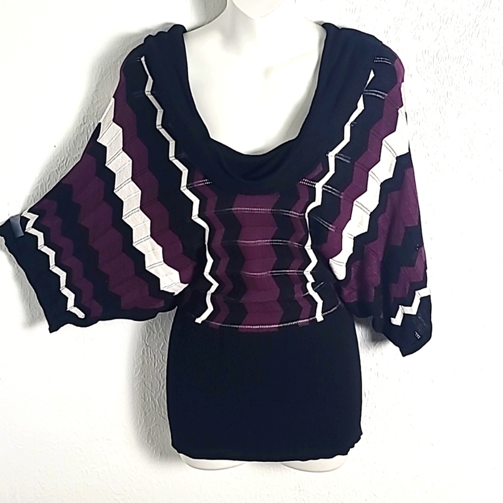 Bobbie Brooks Vintage Sweater, Black Purple & White Zigzag Lines Cowl Neck Large